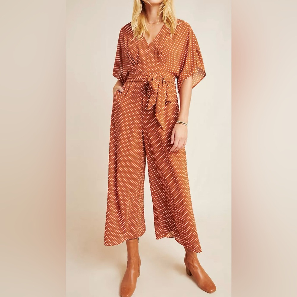 Maisie Nordstrom Flowy Polka Dot Wide Leg V-Neck Jumpsuit In Rust Size L